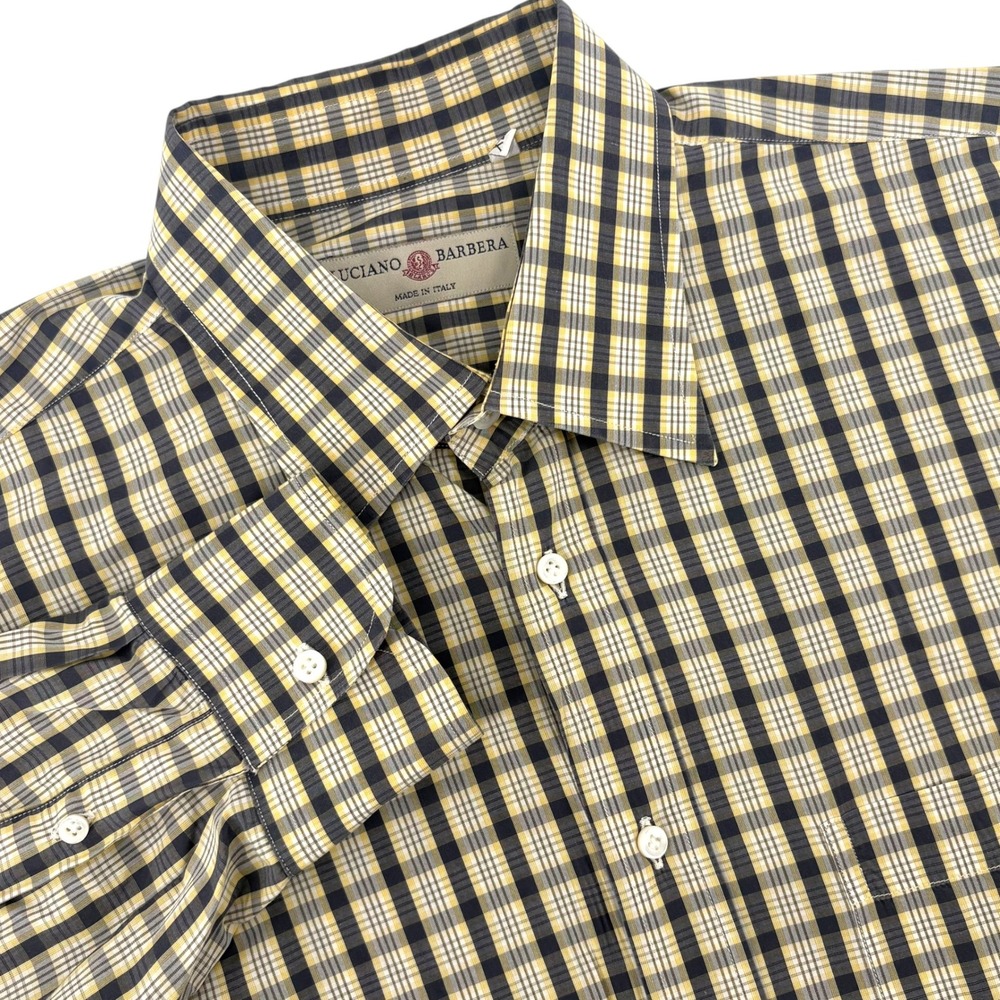Luciano Barbera Mens XL Plaid Button Down Shirt Yellow Navy Made in Italy